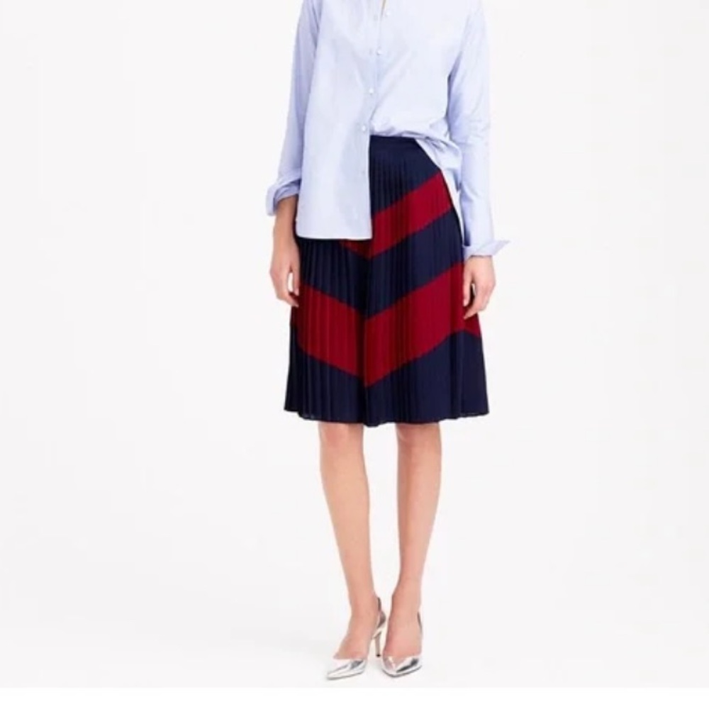 J Crew knife pleated navy burgundy chevron zig zag midi skirt Sz 6